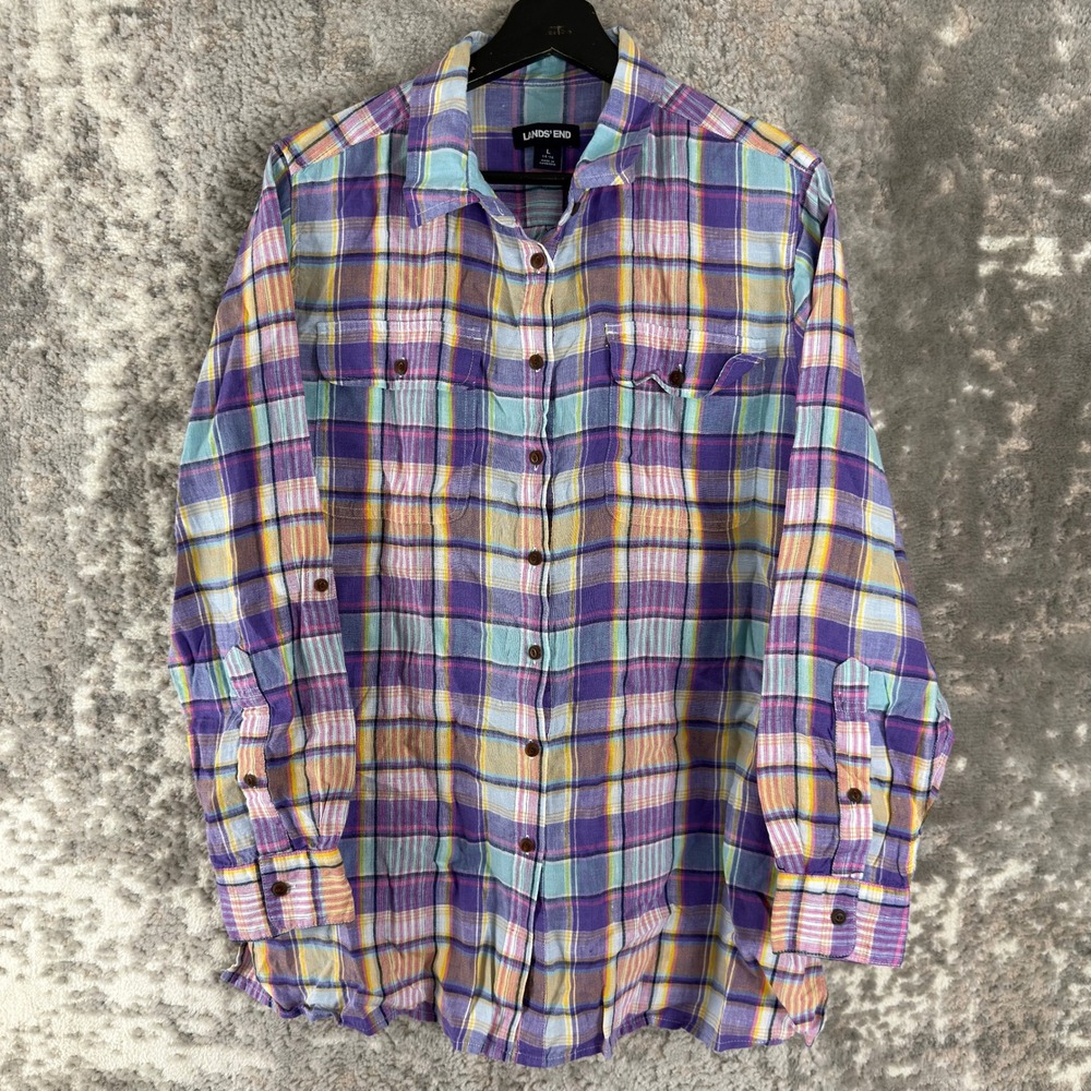 Lands End Size L Plaid Linen Button Up Shirt Purple Long Sleeve Women